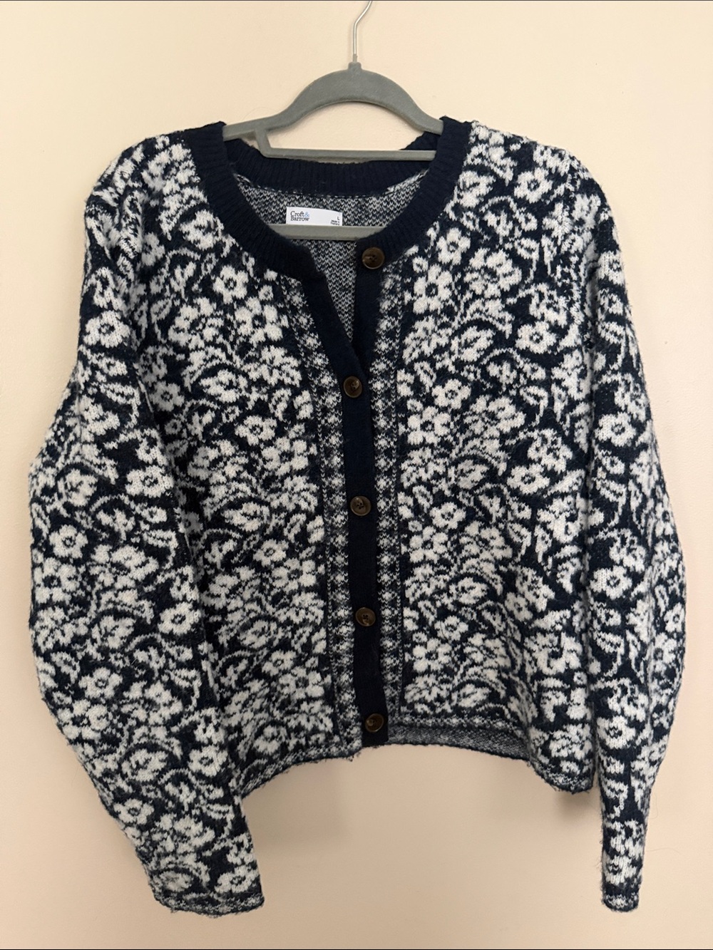 croft & barrow Navy and White Floral Jacquard Cardigan